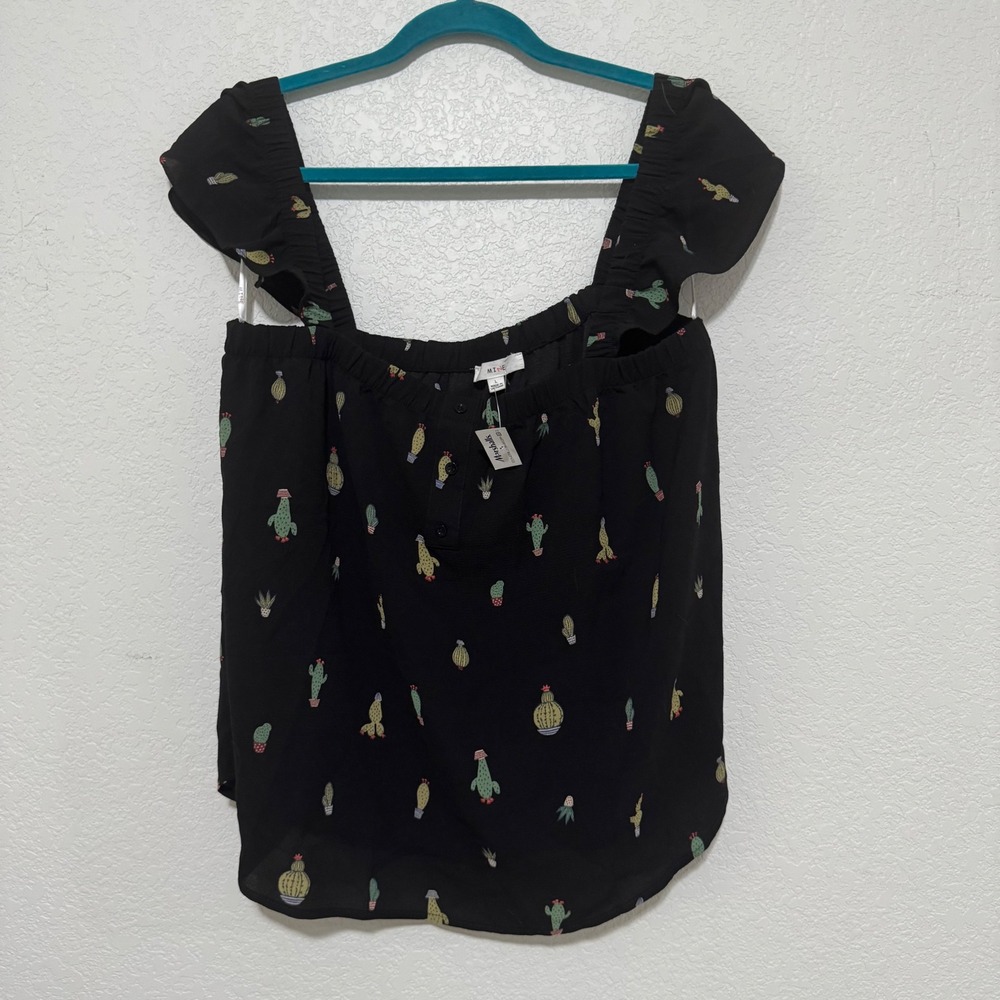 Black‎ Cactus Print Off Shoulder Flutter Sleeve Top Women's Size L